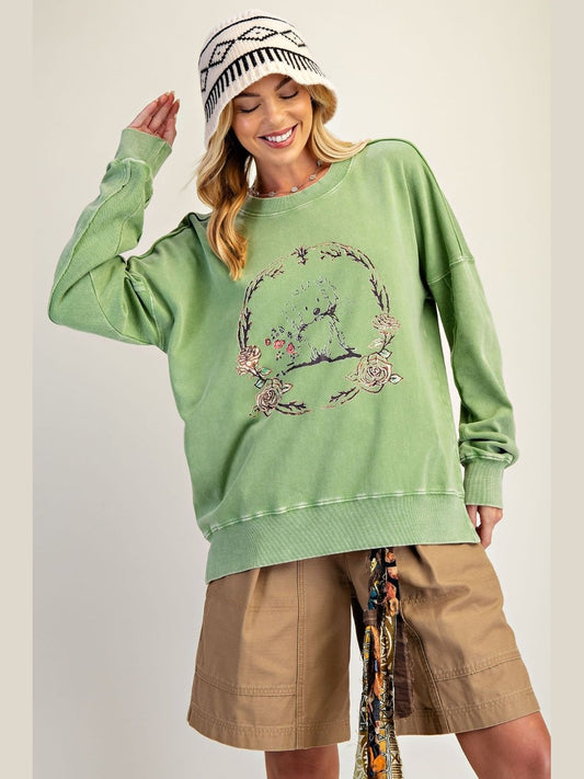 Top Pullover&nbsp; Juniper Green Puppy Washed Terry&nbsp; Long Sleeve&nbsp; Women's&nbsp; ET28593