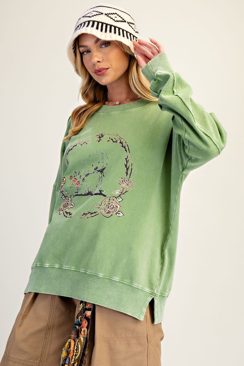 Top Pullover&nbsp; Juniper Green Puppy Washed Terry&nbsp; Long Sleeve&nbsp; Women's&nbsp; ET28593