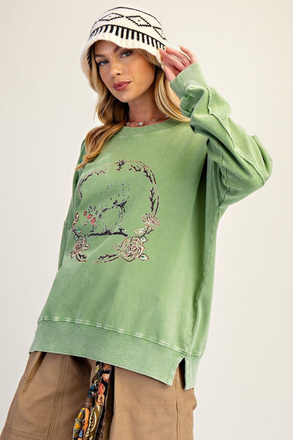 Top Pullover&nbsp; Juniper Green Puppy Washed Terry&nbsp; Long Sleeve&nbsp; Women's&nbsp; ET28593