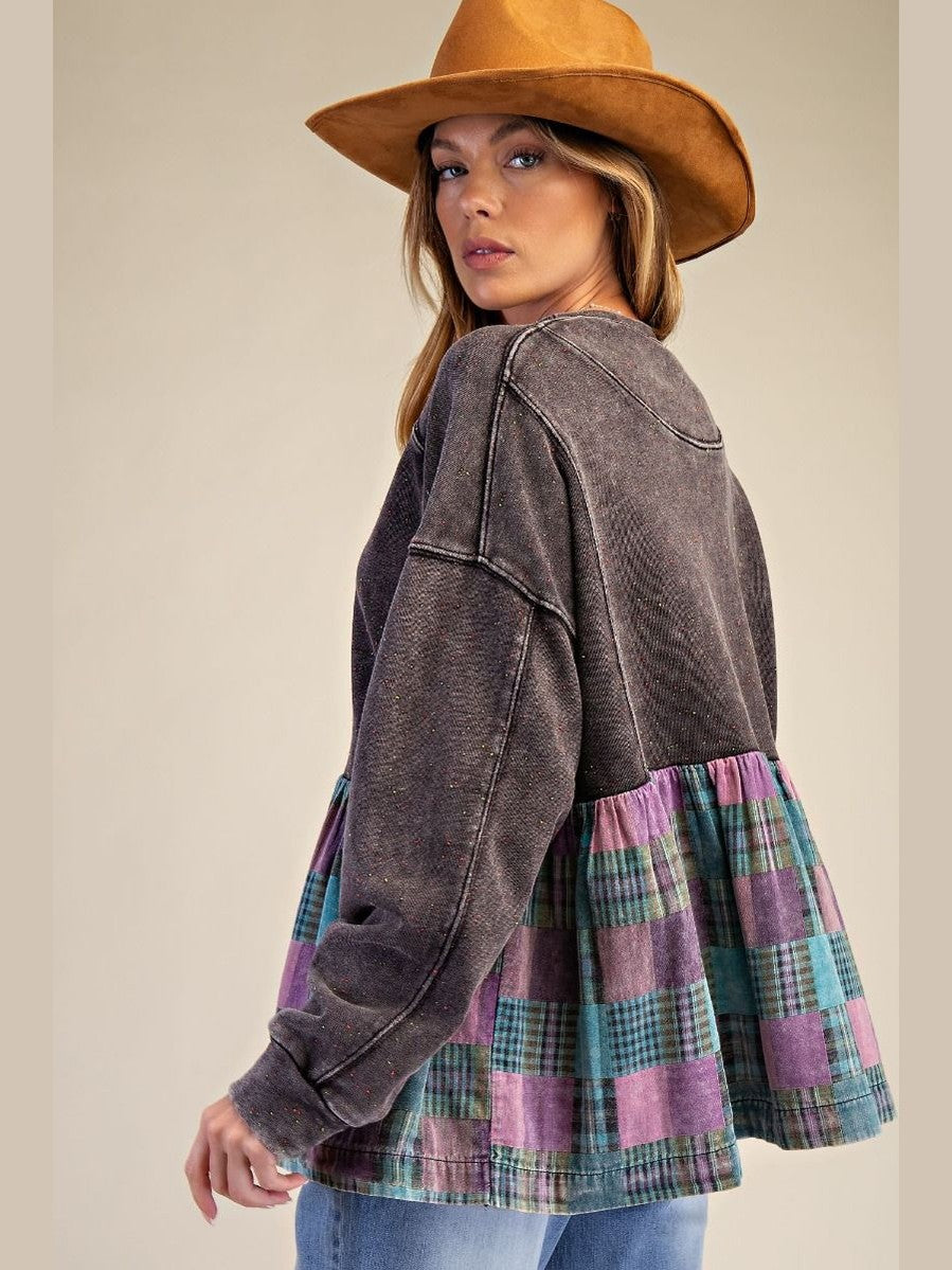 Top Pullover Smoke Burgundy&nbsp; Plaid Ruffle Bottom Women's&nbsp; ET28698