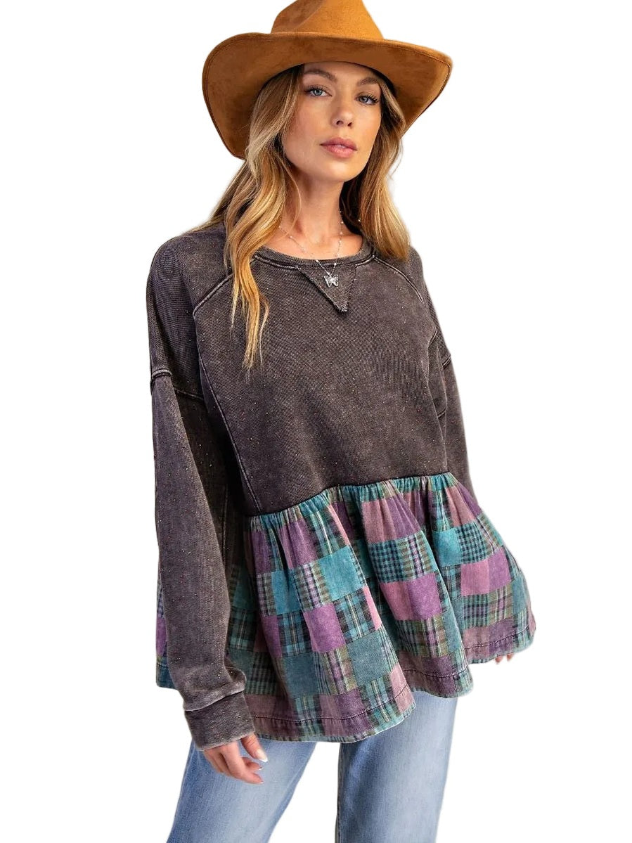 Top Pullover Smoke Burgundy&nbsp; Plaid Ruffle Bottom Women's&nbsp; ET28698