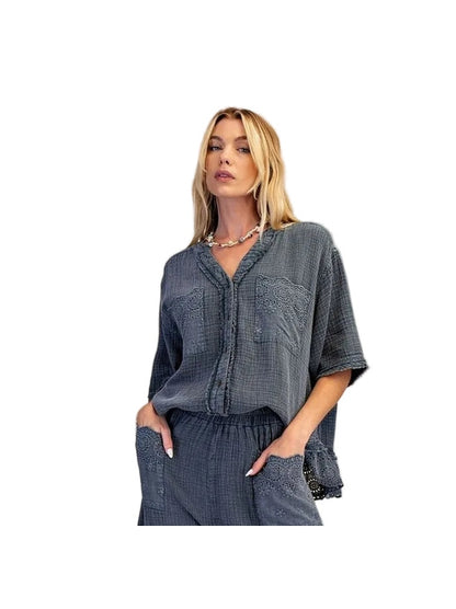 Top Smoke Cotton Gauze Short Sleeve 2 Pocket Button Front&nbsp; Women's&nbsp; ET8899