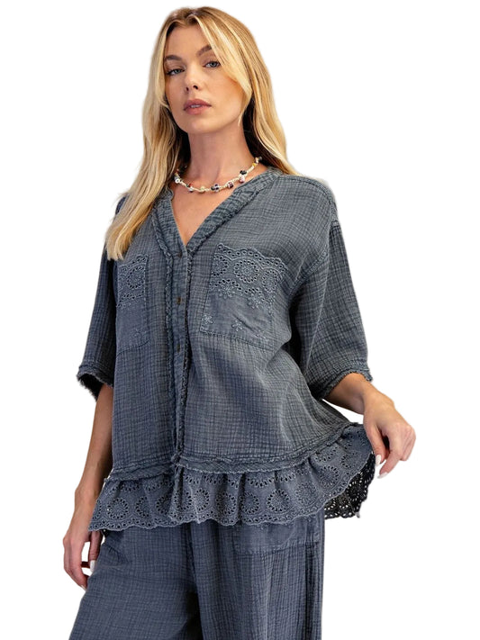 Top Smoke Cotton Gauze Short Sleeve 2 Pocket Button Front&nbsp; Women's&nbsp; ET8899