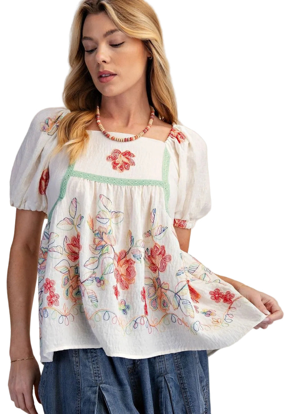 Top Pullover Red/Navy Embroidered Floral Bubble Sleeve&nbsp; Women's&nbsp; ET29345