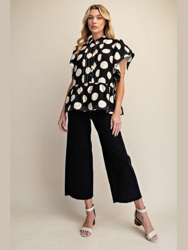 Easel-Top Pullover 8 Button Front Black/White Dots Short Sleeve&nbsp; Women's&nbsp; ET29424BWD