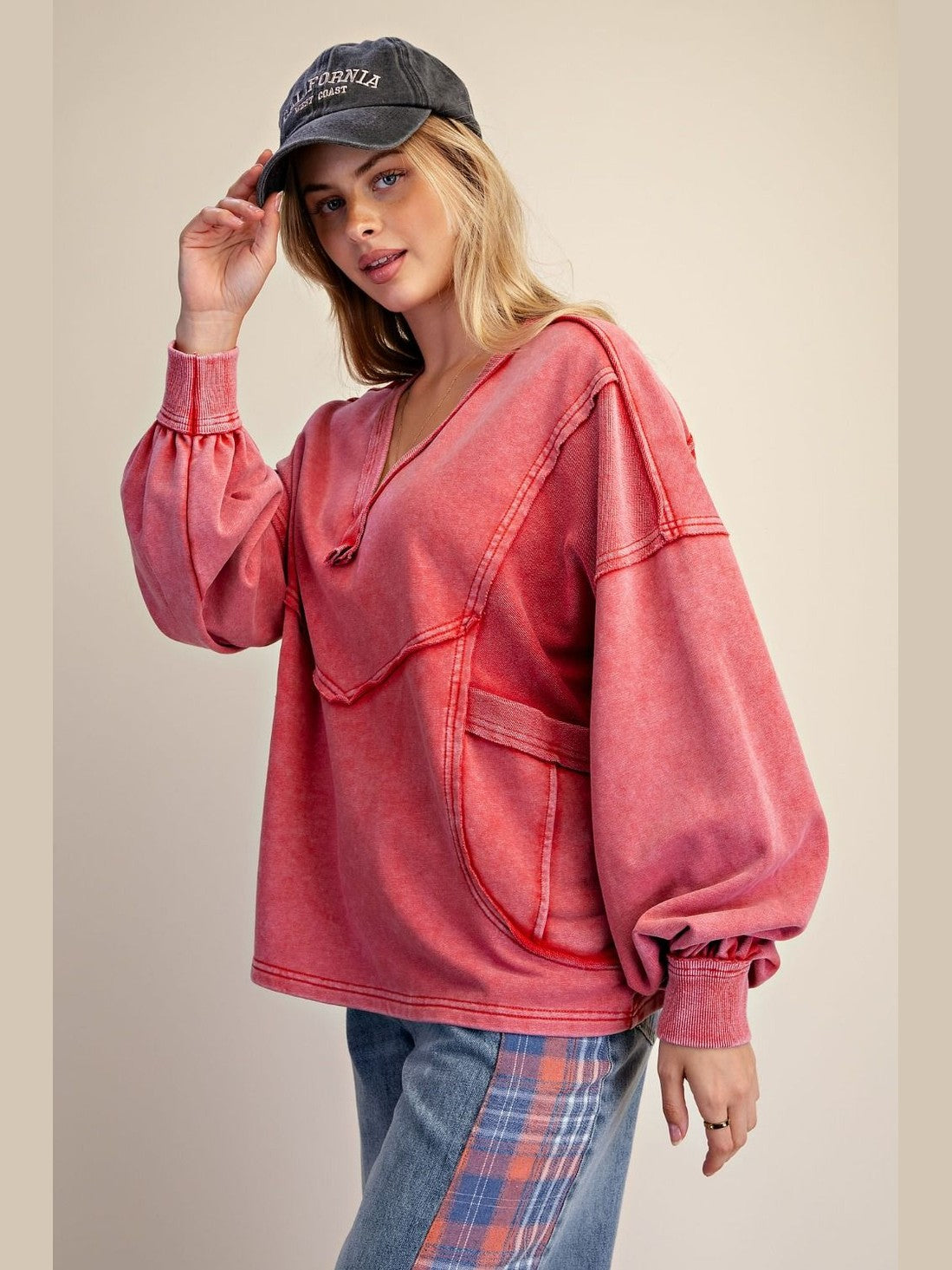 Top Pullover Boho Red V-Neck Bubble Sleeve 2 Patch Pocket Women's  ET29708