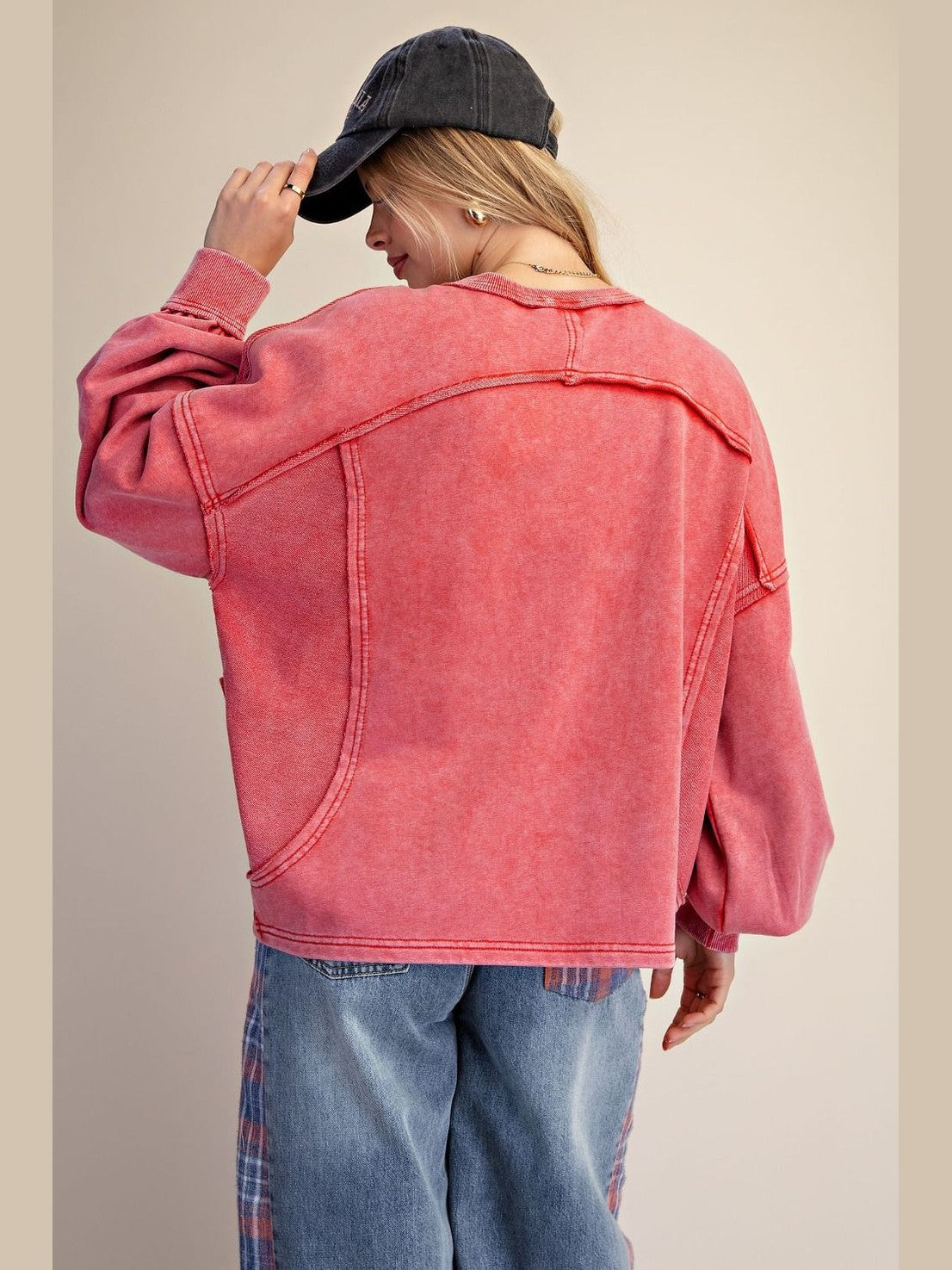 Top Pullover Boho Red V-Neck Bubble Sleeve 2 Patch Pocket Women's  ET29708