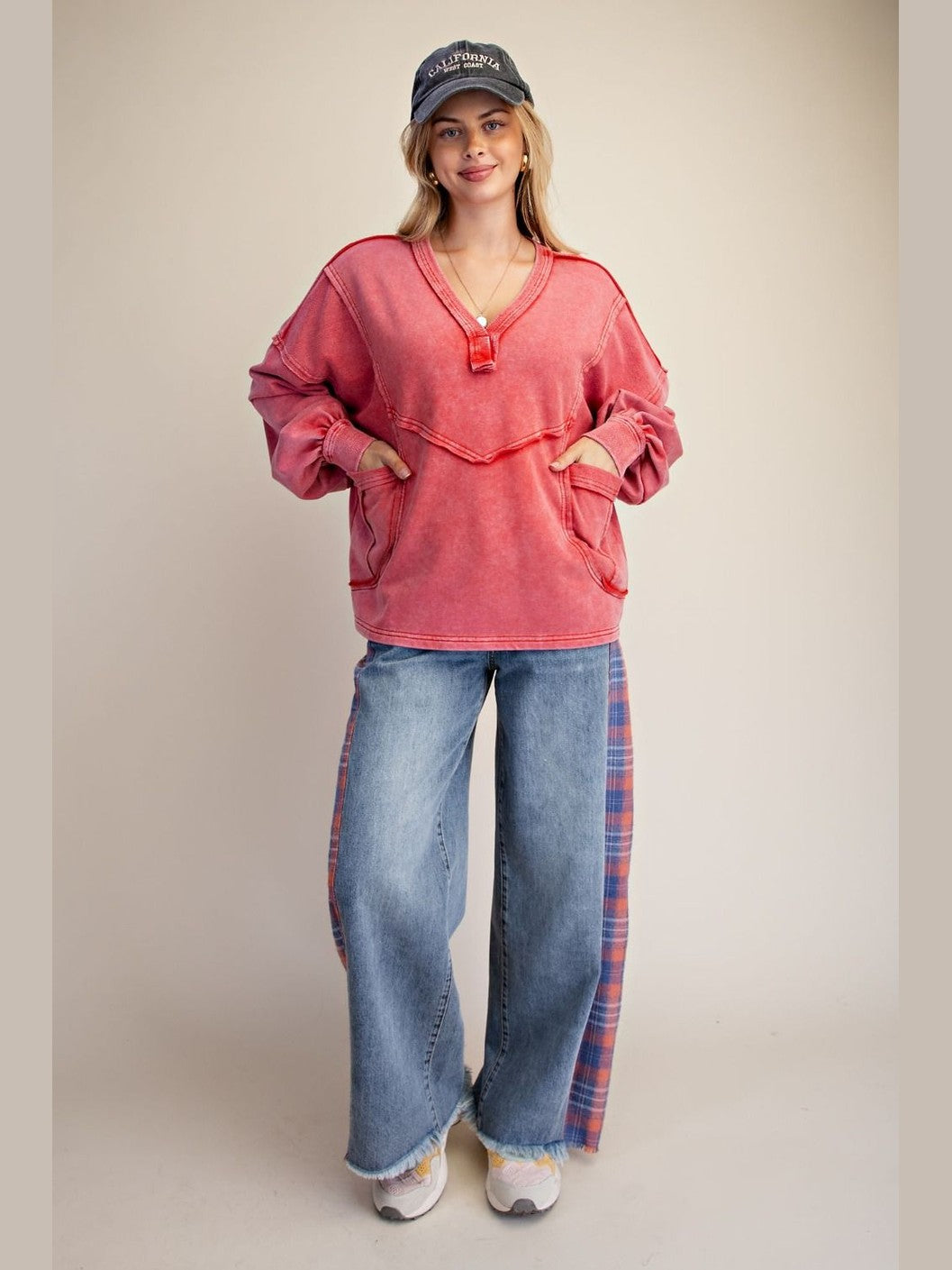 Top Pullover Boho Red V-Neck Bubble Sleeve 2 Patch Pocket Women's  ET29708