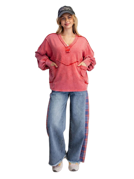 Top Pullover Boho Red V-Neck Bubble Sleeve 2 Patch Pocket Women's  ET29708