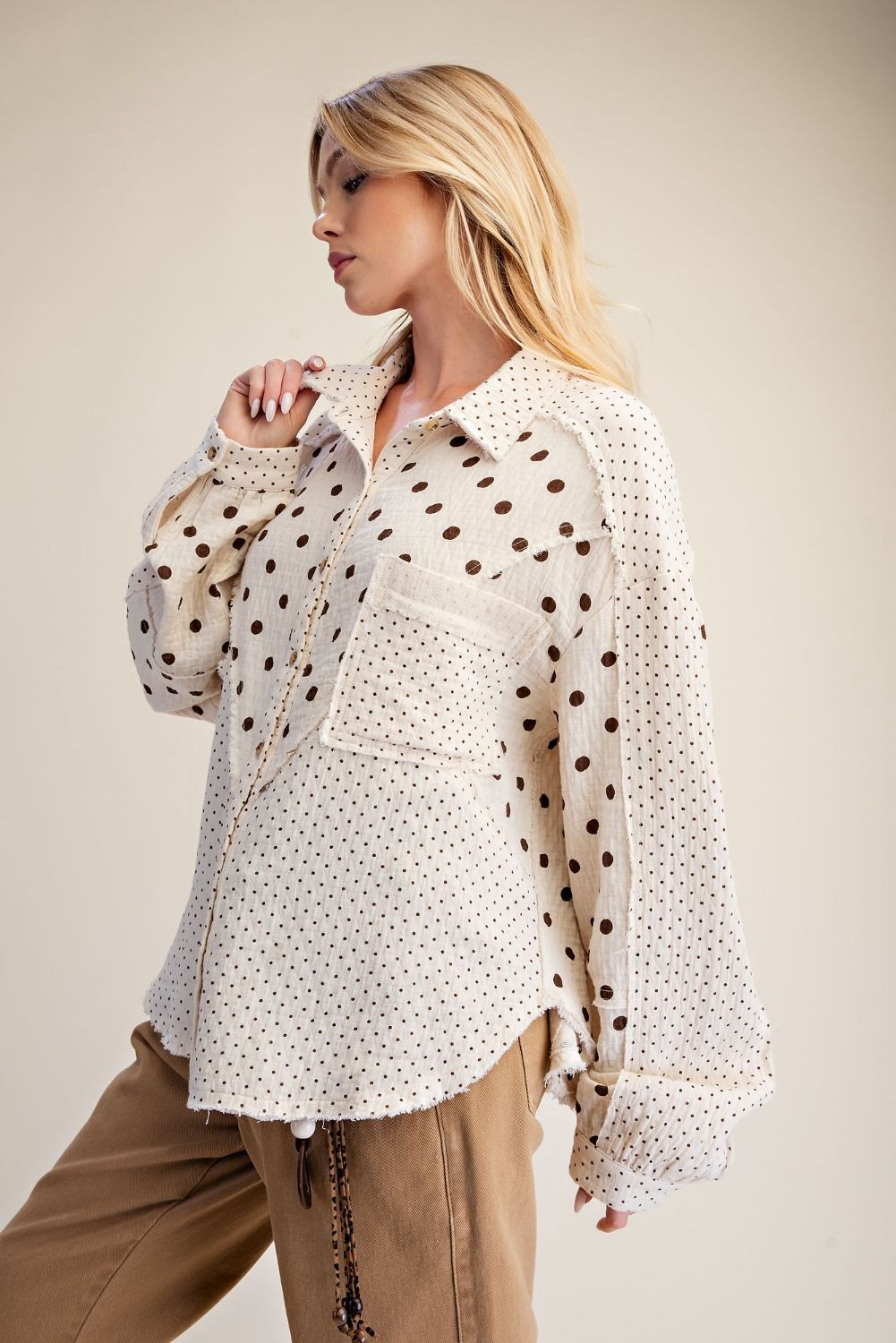 Easel-Top Button Front Natural Polka Dots Washed Gauze Long Sleeve Women's&nbsp; ET29899