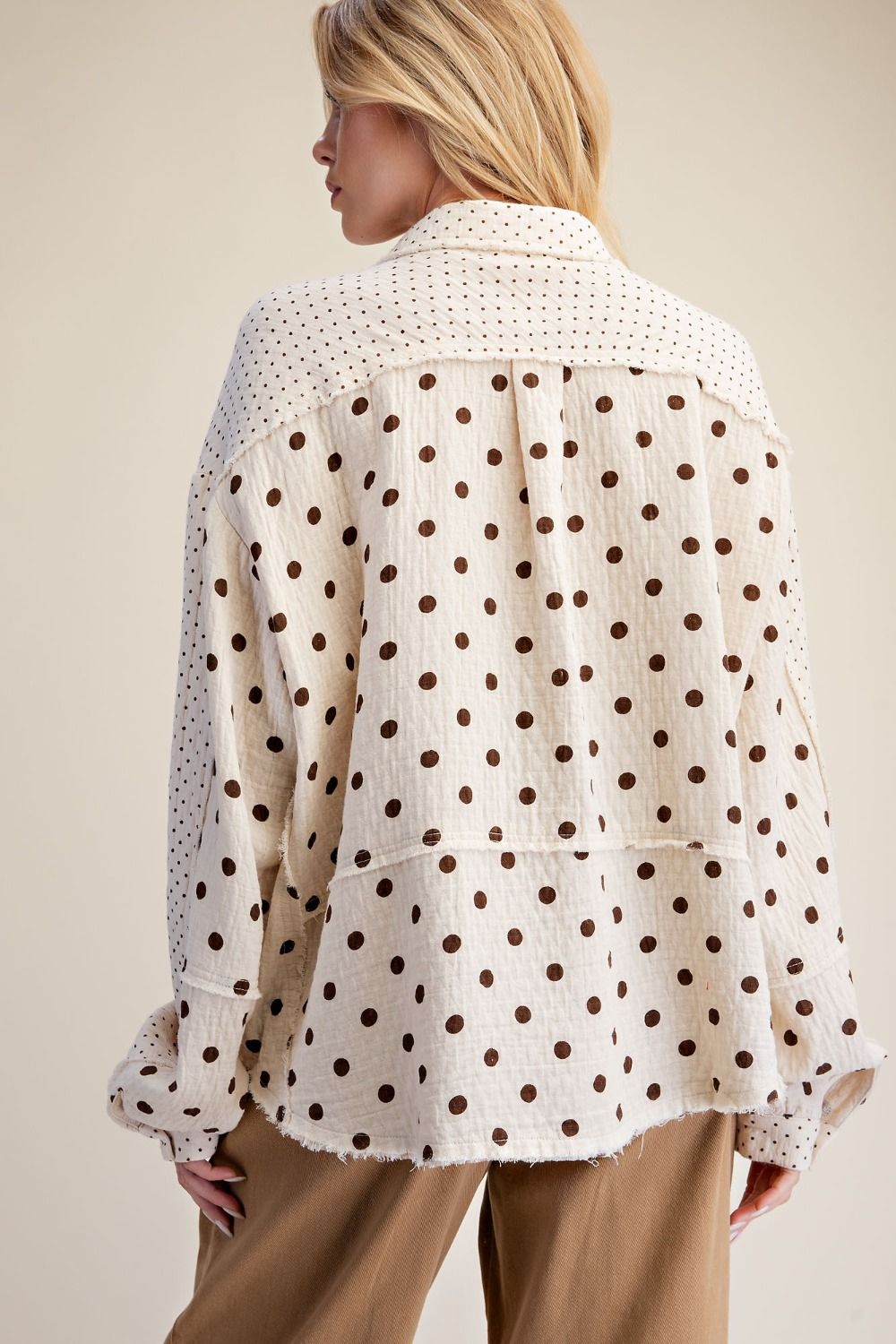 Easel-Top Button Front Natural Polka Dots Washed Gauze Long Sleeve Women's&nbsp; ET29899