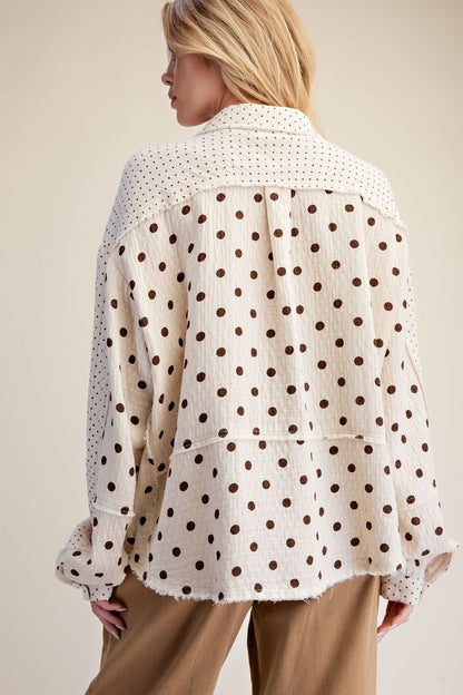 Easel-Top Button Front Natural Polka Dots Washed Gauze Long Sleeve Women's&nbsp; ET29899