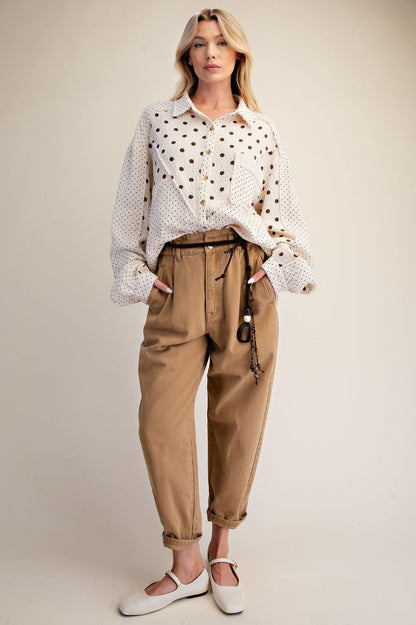 Easel-Top Button Front Natural Polka Dots Washed Gauze Long Sleeve Women's&nbsp; ET29899