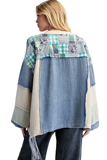 Top Pullover Multi Blue Long Puffy Sleeve Patchwork&nbsp; &nbsp;Women's&nbsp; ET30053