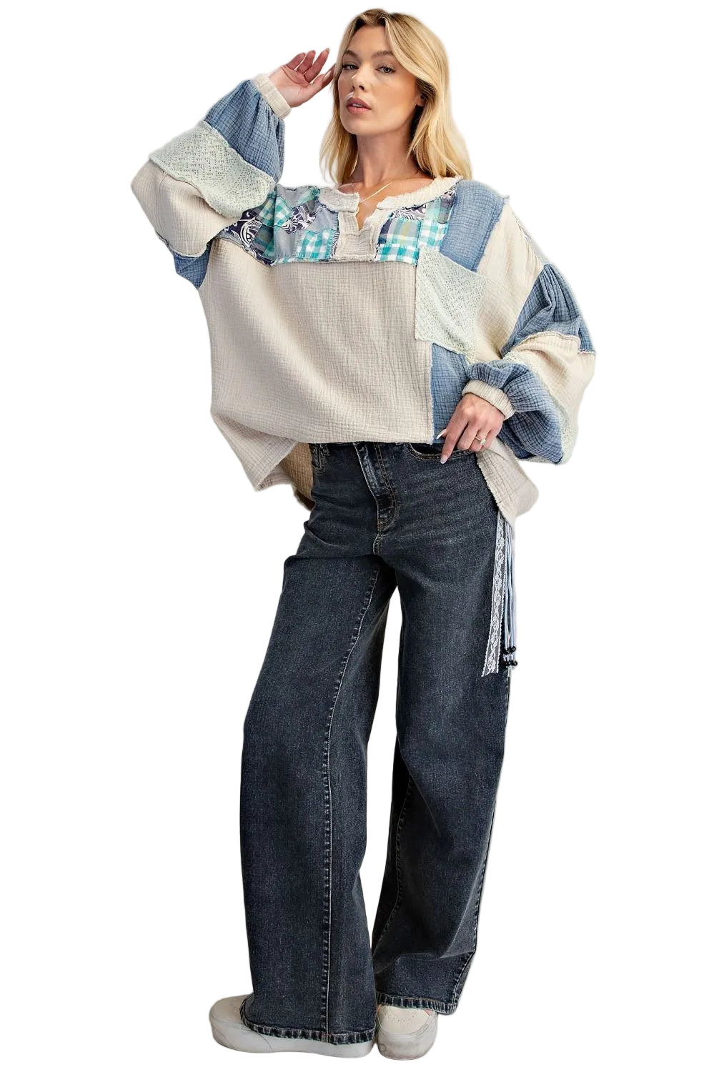 Top Pullover Multi Blue Long Puffy Sleeve Patchwork&nbsp; &nbsp;Women's&nbsp; ET30053