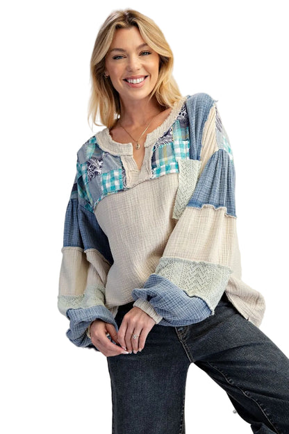 Top Pullover Multi Blue Long Puffy Sleeve Patchwork&nbsp; &nbsp;Women's&nbsp; ET30053