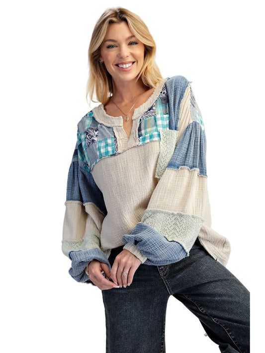 Top Pullover Multi Blue Long Puffy Sleeve Patchwork&nbsp; &nbsp;Women's&nbsp; ET30053