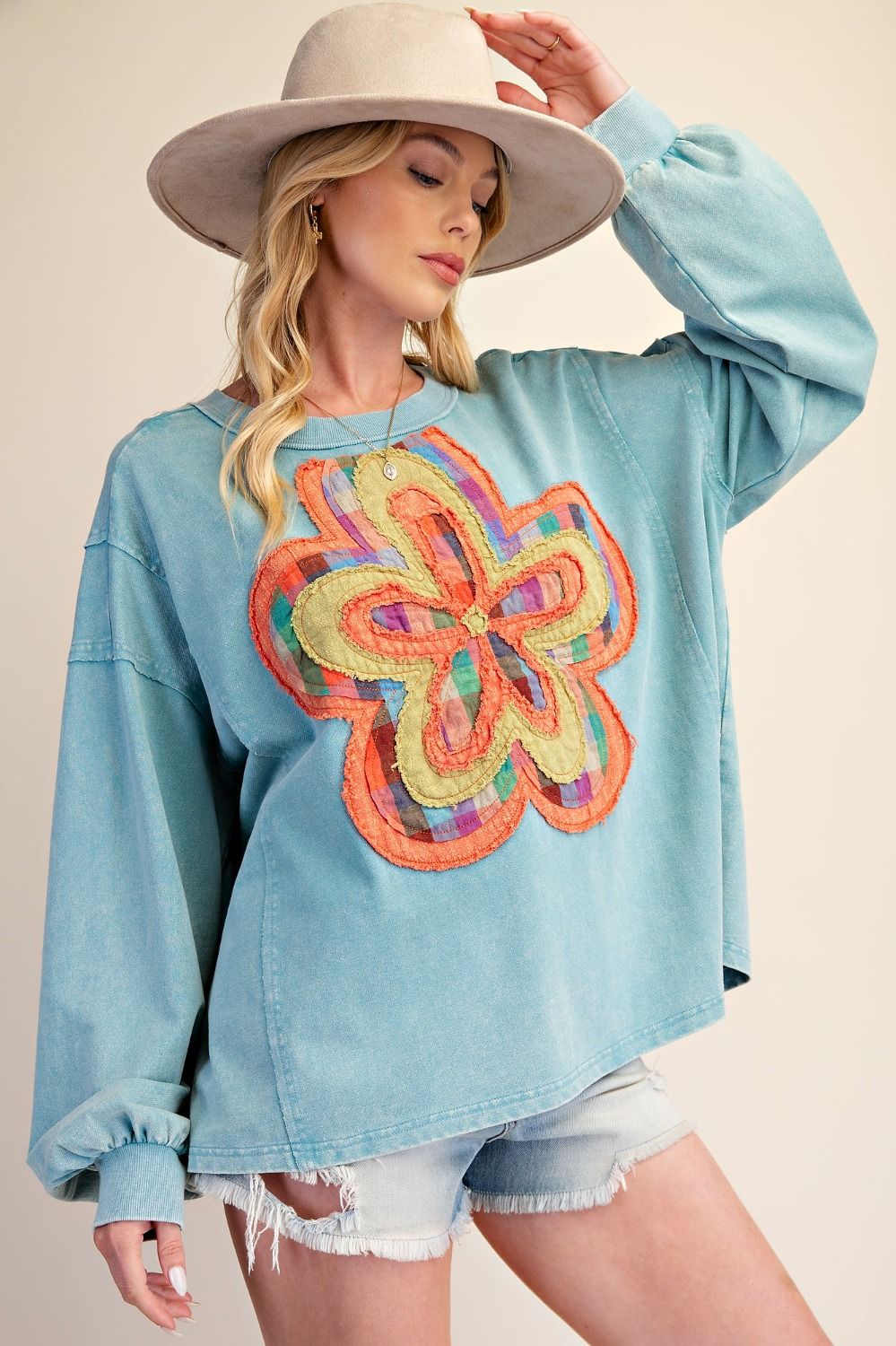 Top Sweater Pullover Dusty Blue Flower Long  Sleeve Patchwork Women's  ET30202DB