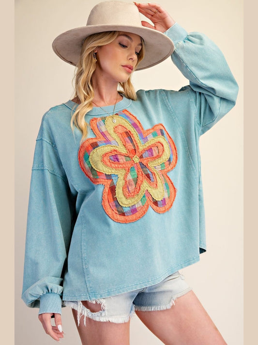 Top Sweater Pullover Dusty Blue Flower Long  Sleeve Patchwork Women's  ET30202DB
