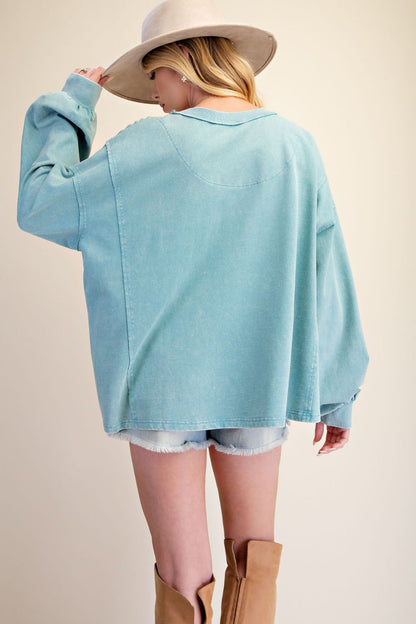 Top Sweater Pullover Dusty Blue Flower Long  Sleeve Patchwork Women's  ET30202DB