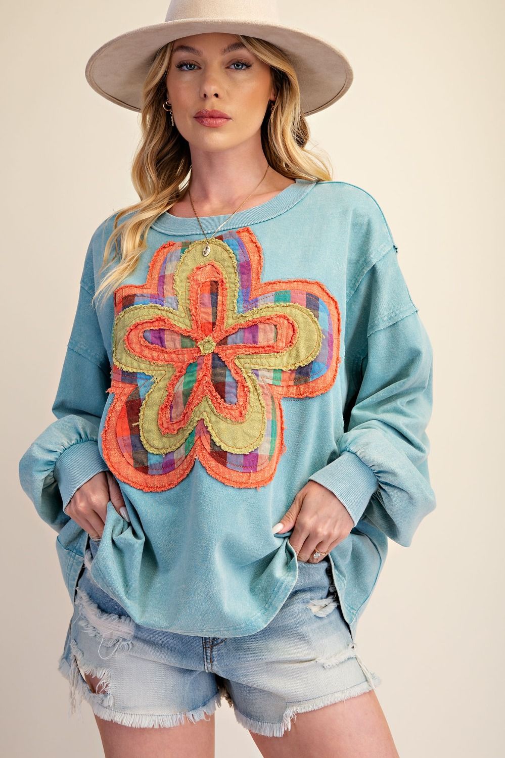Top Sweater Pullover Dusty Blue Flower Long  Sleeve Patchwork Women's  ET30202DB