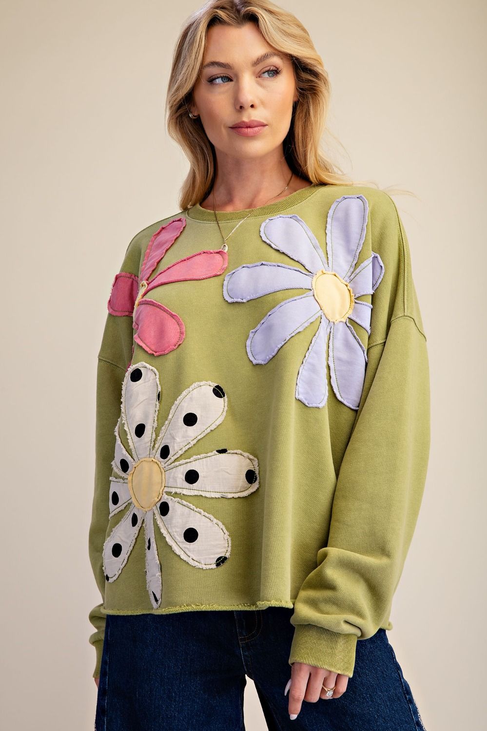 Top Pullover Faded Green Flower Long&nbsp; Sleeve Patchwork Women's&nbsp; ET30237MA