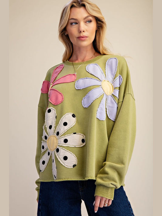Top Pullover Faded Green Flower Long&nbsp; Sleeve Patchwork Women's&nbsp; ET30237MA