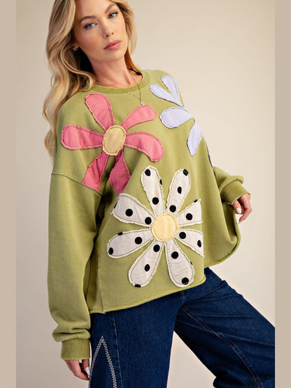 Top Pullover Faded Green Flower Long&nbsp; Sleeve Patchwork Women's&nbsp; ET30237MA