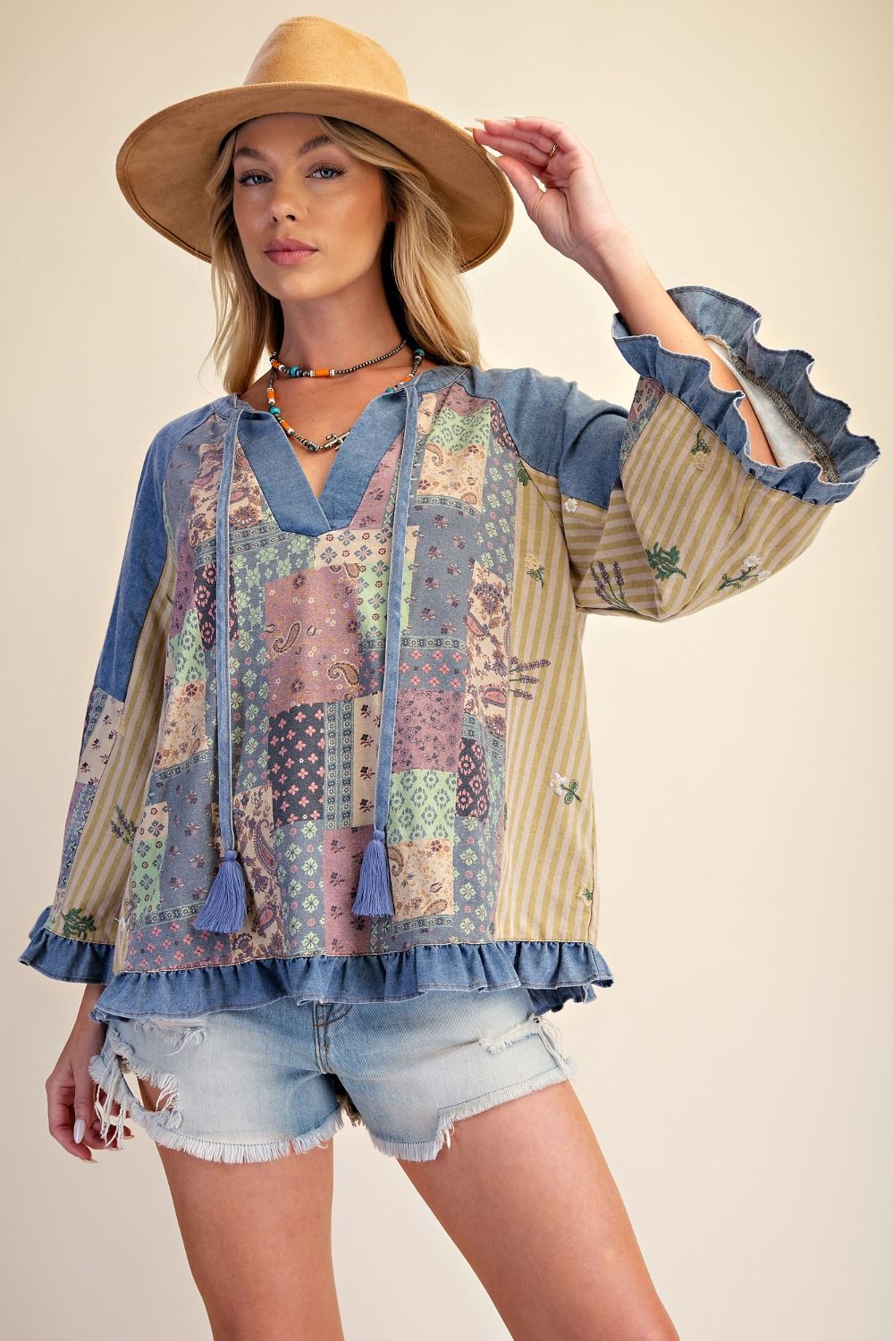 Top Pullover Washed Denim Blue Long Puffy Sleeve Patchwork Tunic Women's&nbsp; ET30362