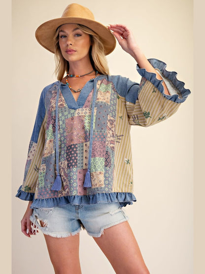 Top Pullover Washed Denim Blue Long Puffy Sleeve Patchwork Tunic Women's&nbsp; ET30362