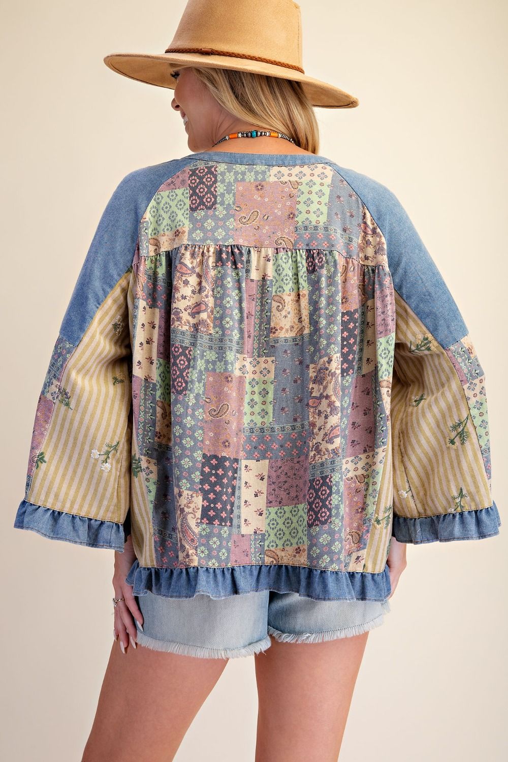 Top Pullover Washed Denim Blue Long Puffy Sleeve Patchwork Tunic Women's&nbsp; ET30362