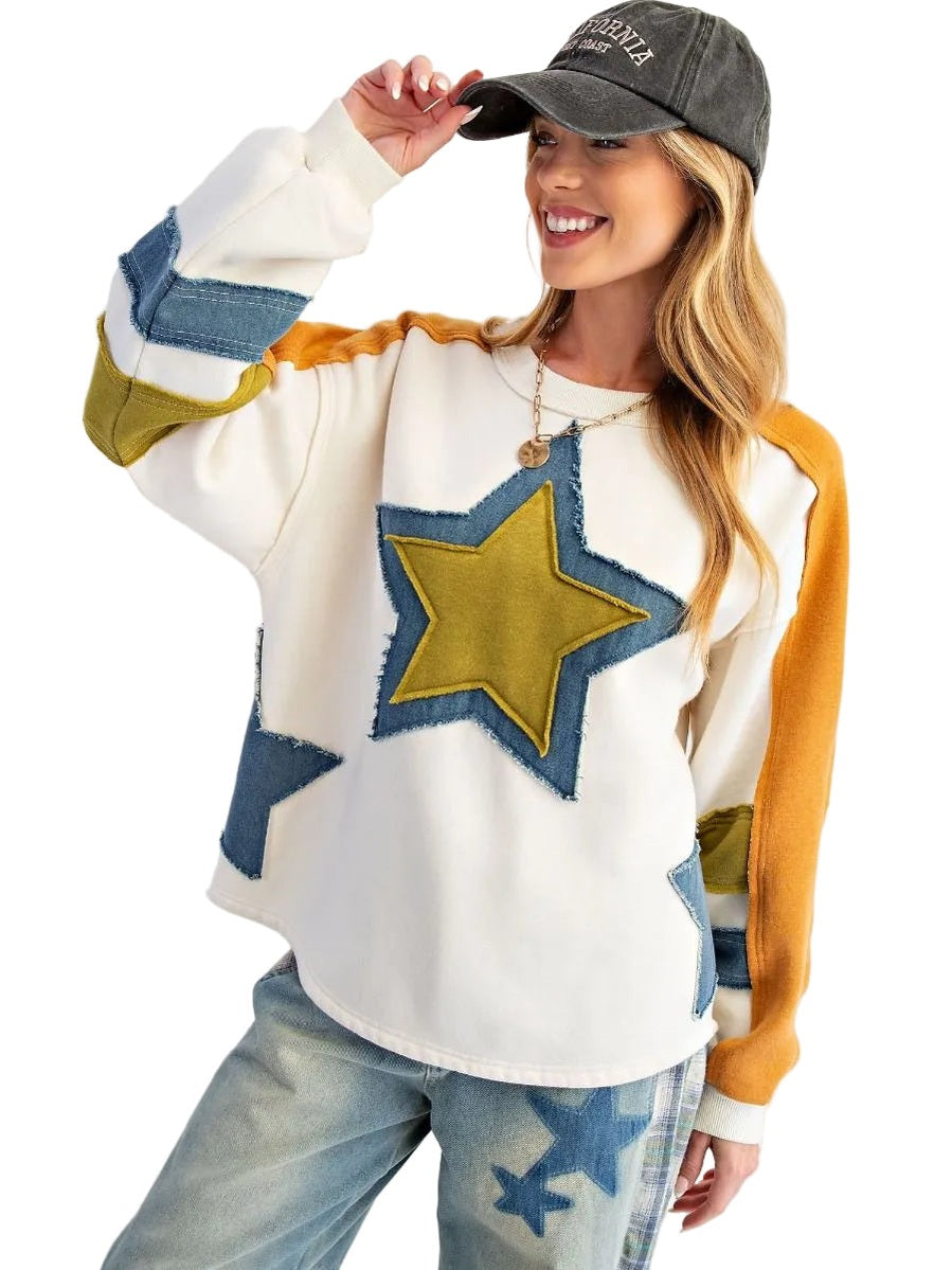 Easel-Top Fleece Pullover Ivory Star Patch Women's&nbsp; ET71687