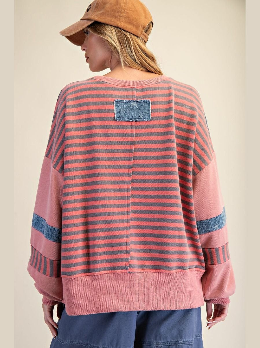 Top Pullover Terry Mauve American Flag Long Sleeve&nbsp; Women's&nbsp; ET71716AF