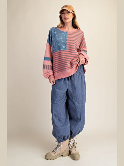 Top Pullover Terry Mauve American Flag Long Sleeve&nbsp; Women's&nbsp; ET71716AF