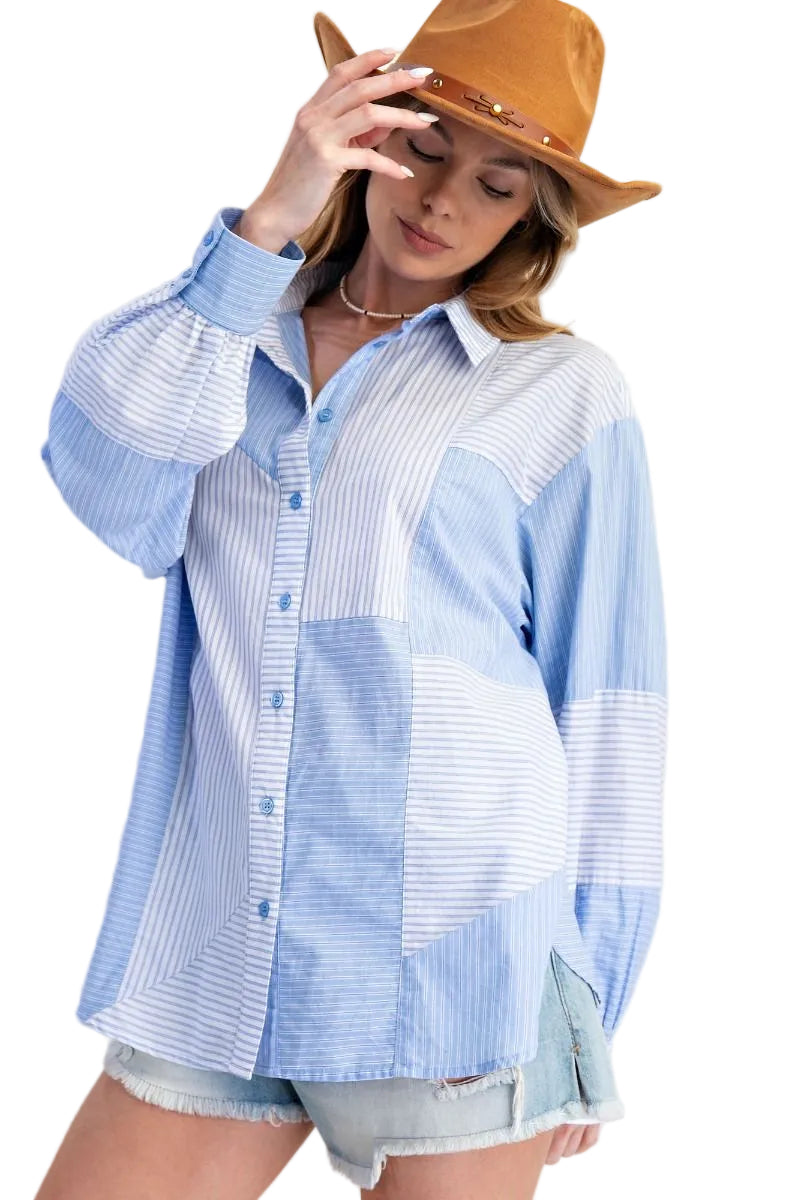Top Blue/White Striped Button Down Long Sleeve  Women's  ET71717