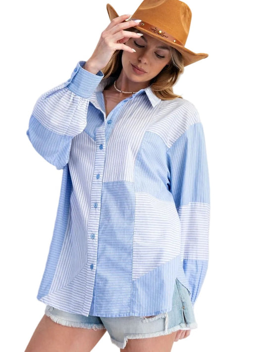 Top Blue/White Striped Button Down Long Sleeve  Women's  ET71717