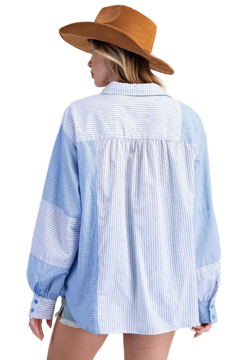 Top Blue/White Striped Button Down Long Sleeve  Women's  ET71717