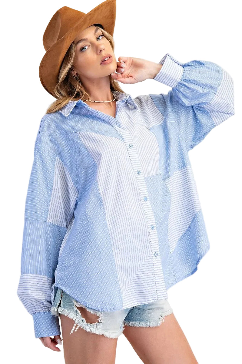 Top Blue/White Striped Button Down Long Sleeve  Women's  ET71717