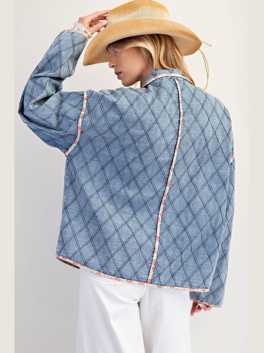 Jacket Washed Denim Button Front Quilted Women's ET71767