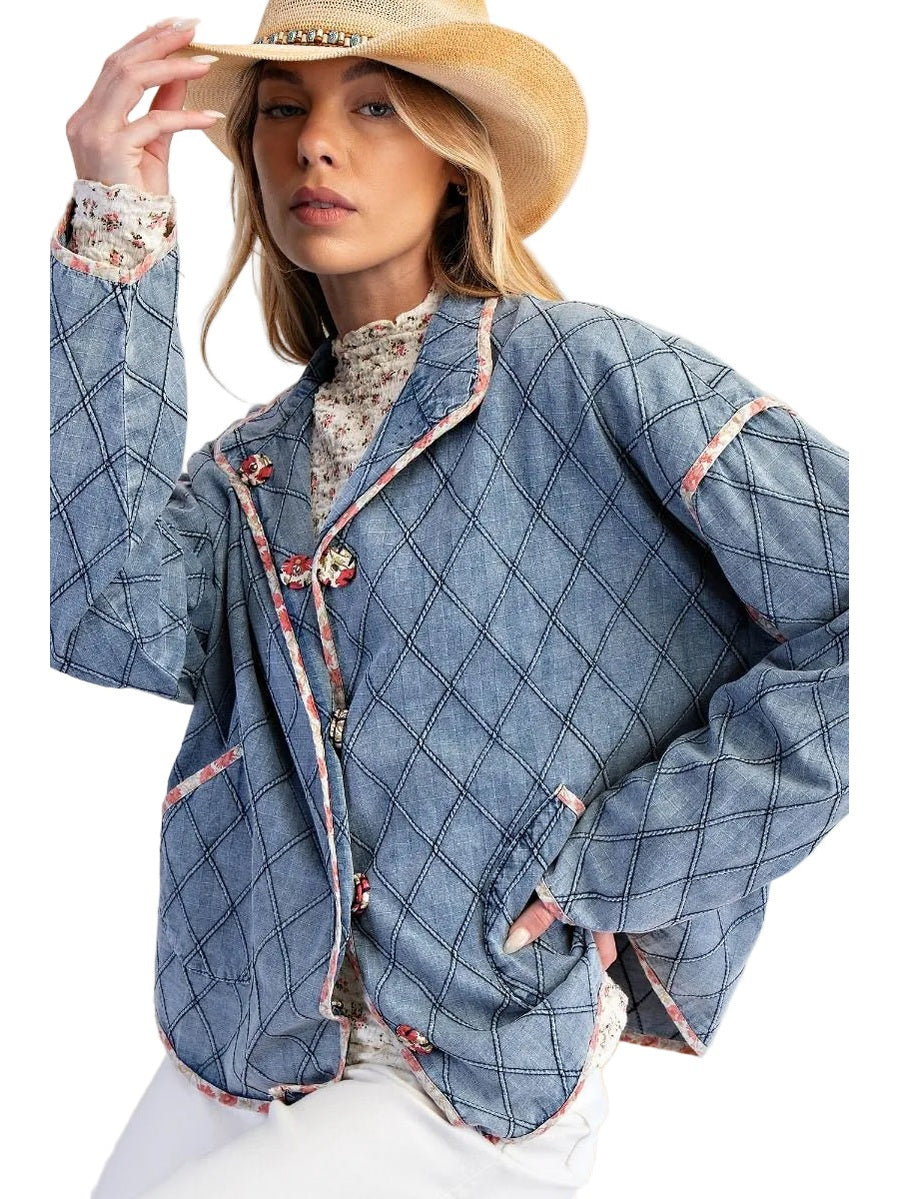 Jacket Washed Denim Button Front Quilted Women's ET71767