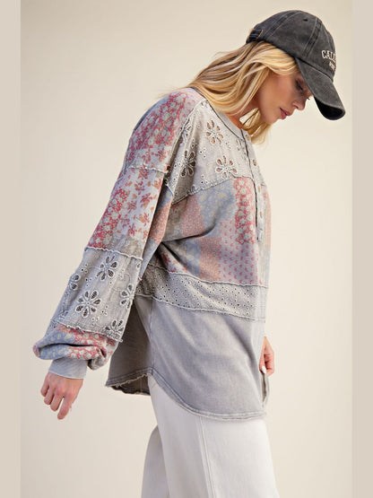 Top Pullover Light Ash Patch Work Print 4 Button Front&nbsp; &nbsp;Women's&nbsp; ET71877