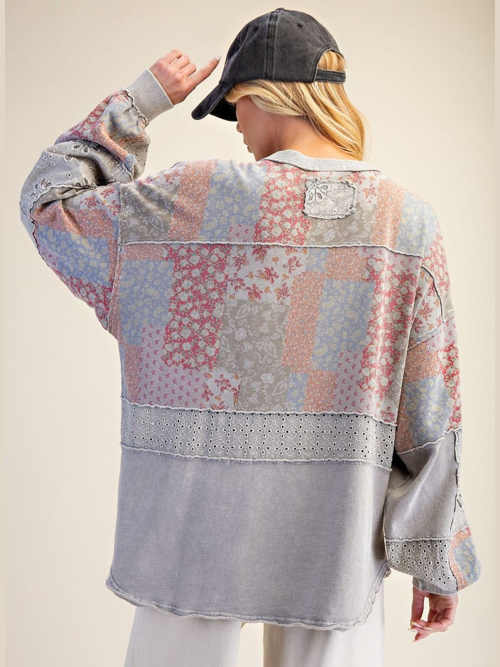 Top Pullover Light Ash Patch Work Print 4 Button Front&nbsp; &nbsp;Women's&nbsp; ET71877