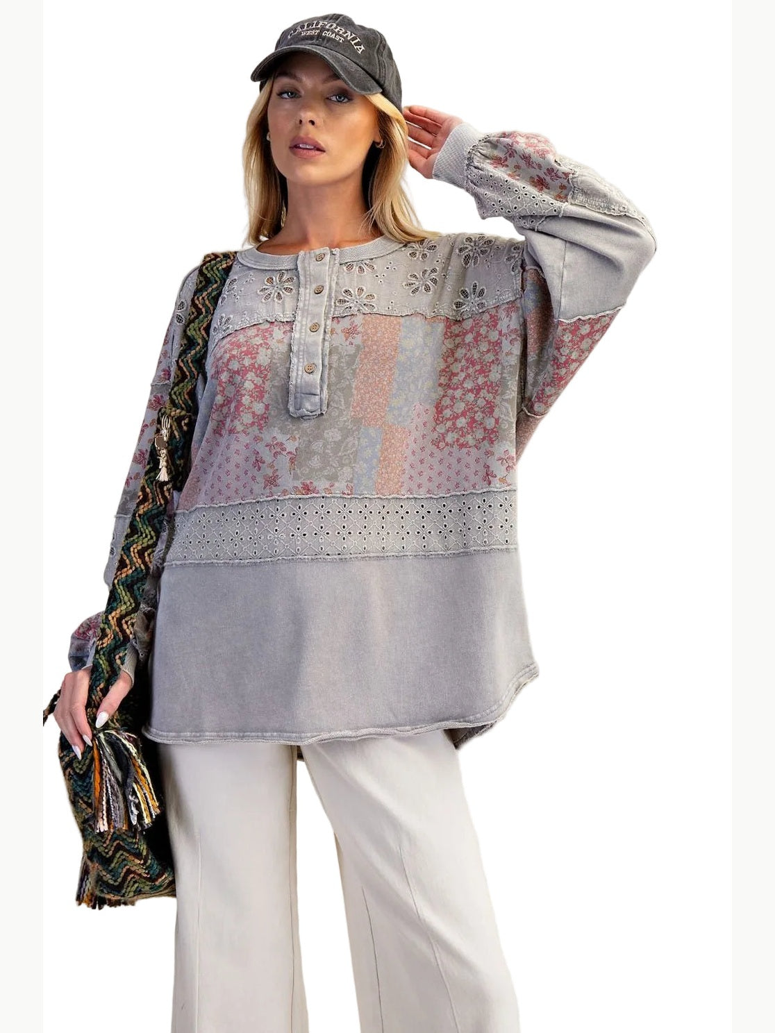 Top Pullover Light Ash Patch Work Print 4 Button Front&nbsp; &nbsp;Women's&nbsp; ET71877