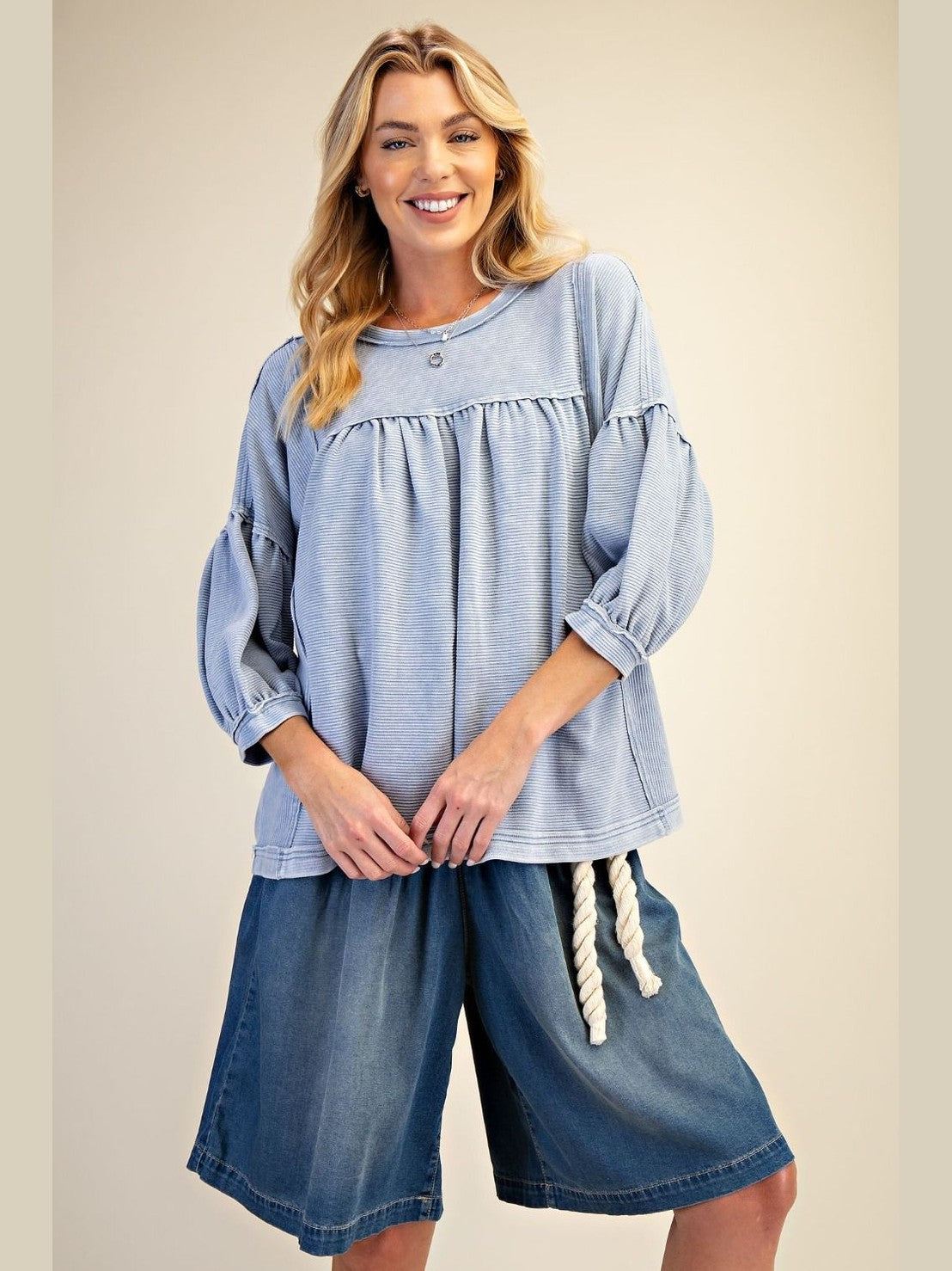 Top Blue Baby Doll Textured Knit&nbsp; &nbsp;Women's&nbsp; ET71888B