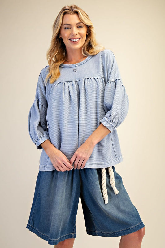 Top Blue Baby Doll Textured Knit&nbsp; &nbsp;Women's&nbsp; ET71888B