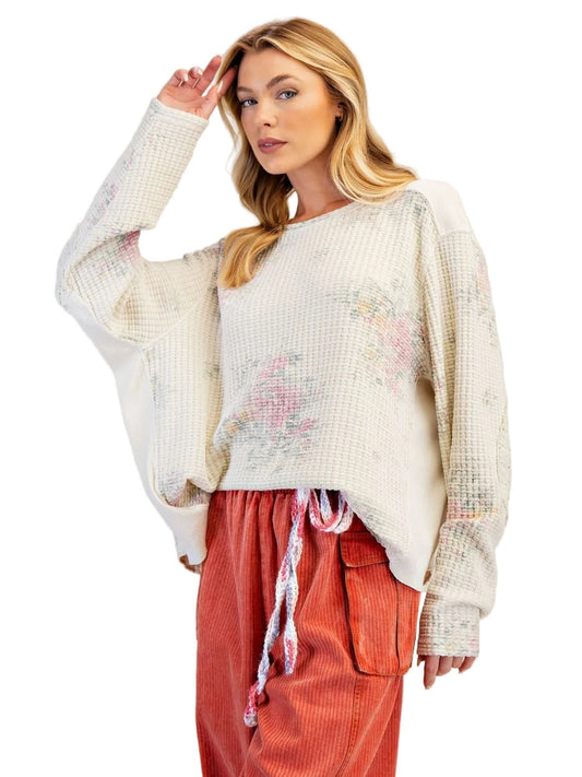 Shirt Pullover Natural Waffle Texture Knit Women's ET71901