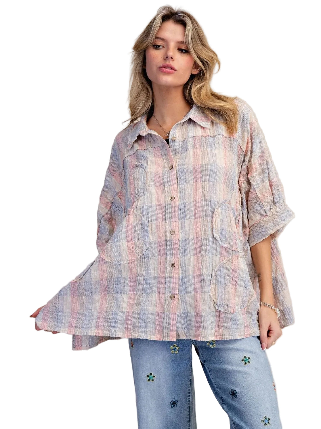 Top Button Front Blue/Pink Daisy Patch Washed Dolman Sleeve Women's  ET71911