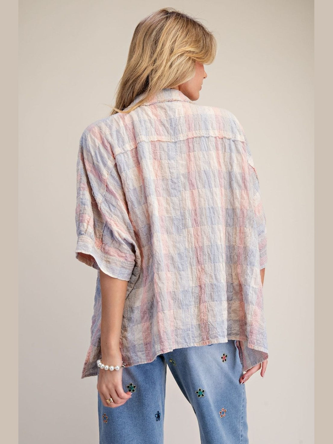 Top Button Front Blue/Pink Daisy Patch Washed Dolman Sleeve Women's  ET71911