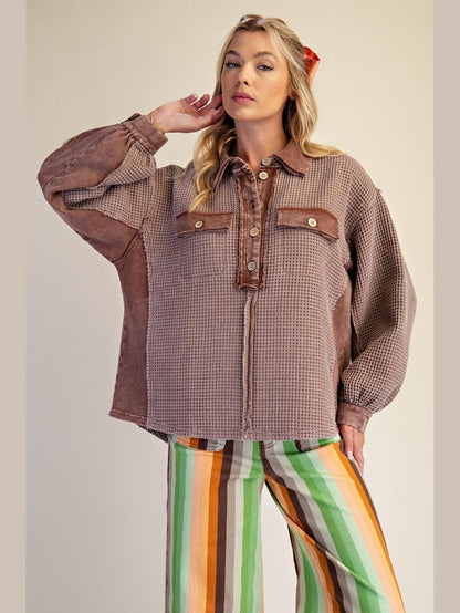 Top Pullover Mineral Washed Mauve Textured Waffle Knit Long Sleeve Women's&nbsp; ET72049