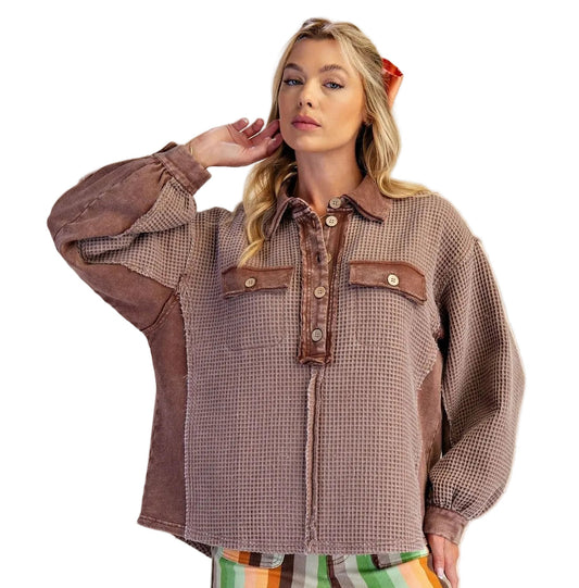 Top Pullover Mineral Washed Mauve Textured Waffle Knit Long Sleeve Women's&nbsp; ET72049